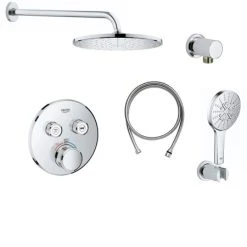 Grohe Grohtherm Thermostatic Shower System with Shower Head, Shower Arm, Smartactive Hand Shower, and Hose - Valve Included
