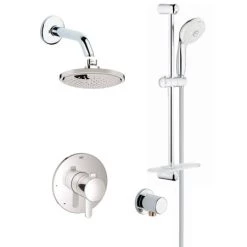 Grohe Europlus Pressure Balanced Shower System with Rain Shower Head, Handshower, Slide Bar, Wall Supply, Integrated Diverter and Volume Control - Rough-In Valve Included