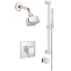 Grohe Eurocube Pressure Balanced Shower System with Multi-Function Shower Head, Handshower, Slide Bar, Wall Supply, Integrated Diverter and Volume Control - Rough-In Valve Included