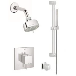 Grohe Eurocube Thermostatic Shower System with Multi-Function Shower Head, Handshower, Slide Bar, Wall Supply, Integrated Diverter and Volume Control - Rough-In Valve Included