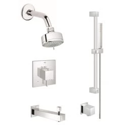 Grohe Eurocube Thermostatic Shower System with Multi-Function Shower Head, Handshower, Slide Bar, Wall Supply, Tub Spout, Integrated Diverter and Volume Control - Rough-In Valve Included