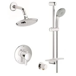 Grohe Europlus Thermostatic Shower System with Rain Shower Head, Handshower, Slide Bar, Wall Supply, Integrated Diverter and Volume Control - Rough-In Valve Included