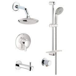 Grohe Europlus Thermostatic Shower System with Rain Shower Head, Handshower, Slide Bar, Wall Supply, Tub Spout, Integrated Diverter and Volume Control - Rough-In Valve Included