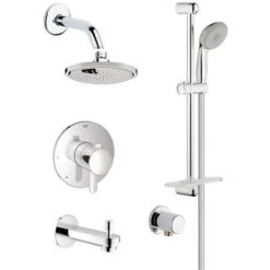 Grohe Europlus Pressure Balanced Shower System with Rain Shower Head, Handshower, Slide Bar, Wall Supply, Tub Spout, Integrated Diverter and Volume Control - Rough-In Valve Included