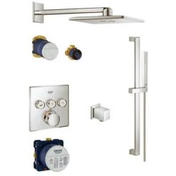 Grohe Thermostatic Shower System with Rain Shower Head, Hand Shower, Slide Bar, Shower Arm, Hose, Wall Supply, and Valve Trim