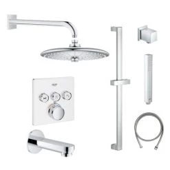 Grohe SmartControl Shower System with Tub Spout, Shower Head, Shower Arm, Wall Supply Elbow, Slide Bar, Hand Shower Hose, Valve Trim, and Rough In