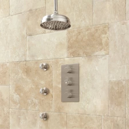 Signature Hardware Isola Thermostatic Shower System with 8" Rain Shower Head and 3 Body Sprays - Rough In Included 3 Signature Hardware Isola Thermostatic Shower System with 8" Rain Shower Head and 3 Body Sprays - Rough In Included