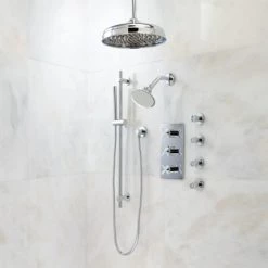 Signature Hardware Exira Thermostatic Shower System - 12" Rain, Wall Shower, Handshower and 4 Sprays
