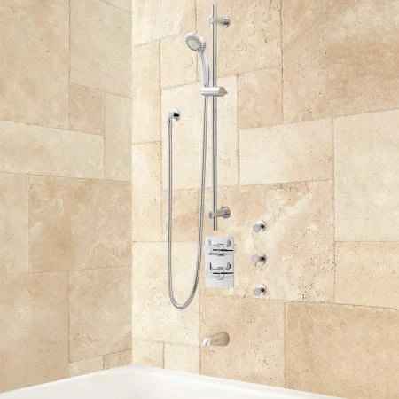 Signature Hardware Hinson Thermostatic Shower System with " Shower Head and Hand Shower - Rough In Included 3 Signature Hardware Hinson Thermostatic Shower System with " Shower Head and Hand Shower - Rough In Included