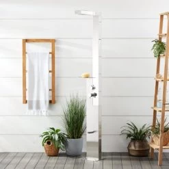 Signature Hardware Woodgate Freestanding Stainless Steel Thermostatic Outdoor Shower Panel with Shower Head, Foot Shower, and Shelf