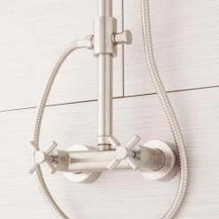 Signature Hardware Stiles Exposed Shower System with Rain Shower Head, Hand Shower and Hose - Rough In Included -Signature Hardware Shop signature hardware 931423 brushed nickel detail 102